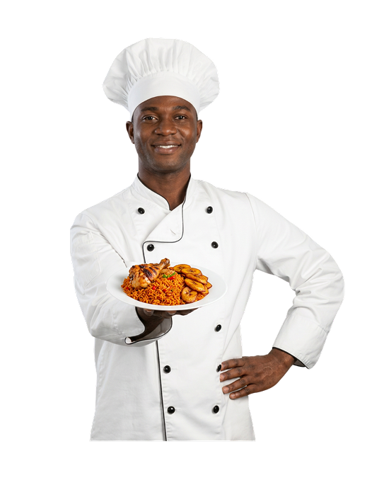 Potmasters head chef presenting a plate of jollof rice and grilled chicken