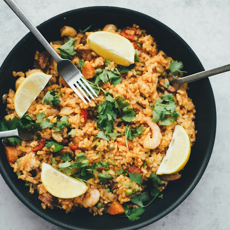 Jollof rice skillet with lemon