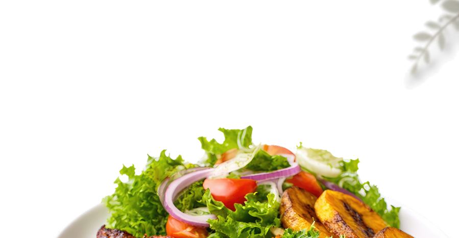 Fresh side salad with grilled plantain, a Potmasters plate